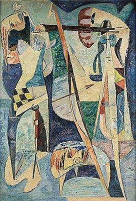 Charles Quest : Two Cubist Figures with Arrow in Blue