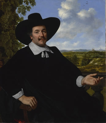 Bartholomeus Van Der Helst : PORTRAIT OF A GENTLEMAN, PROBABLY HENDRICK ZEGERSZ VAN DER KAMP, SEATED BEFORE A BALUSTRADE, A LANDSCAPE WITH COUNTRY HOUSE AND A DISTANT VIEW OF HAARLEM BEYOND