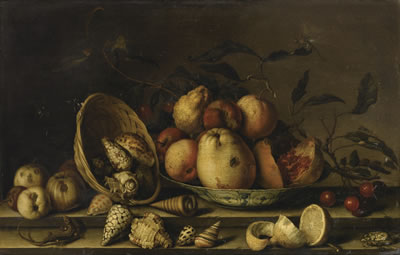 Balthasar Van Der Ast : STILL LIFE WITH BASKET OF SHELLS, A PLATE WITH FRUITS AND INSECTS