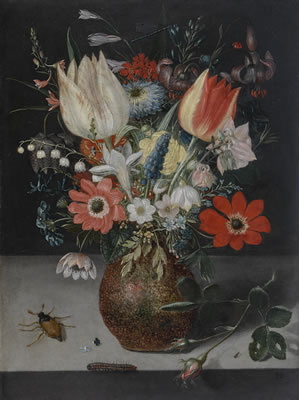 Peter Binoit : STILL LIFE OF FLOWERS IN AN EARTHENWARE VASE ON A STONE LEDGE, WITH INSECTS AND A CATERPILLAR BESIDE IT