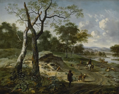 Jan Wynants : WOODED EVENING LANDSCAPE WITH A HUNTER AND HIS DOGS, ANOTHER HUNTER ON HORSEBACK CONVERSING WITH A PEASANT, A FISHERMEN AND A FALCONER CARRYING A HOOP OF FALCONS ON A PATH, A WAGON AND OTHER FIGURES BY A LAKE BEYOND