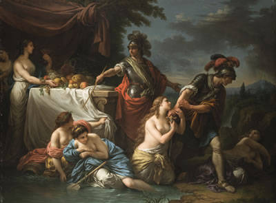 Louis Jean Francois Lagrenee : CHARLES AND UBALDE, SURROUNDED BY NYMPHS ON THEIR WAY TO RESCUE RENAUD FROM THE PALAIS D'ARMIDE