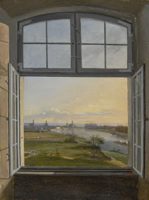 Karl Gottfried Traugott Faber : VIEW OF DRESDEN THROUGH AN OPEN WINDOW