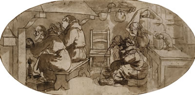 Andrea Lilio : WO MONKS WARMING THEMSELVES BY A HEARTH, TWO FURTHER FIGURES ON THE RIGHT WITH ANOTHER TWO FIGURES DRAWN OVER THE TOP