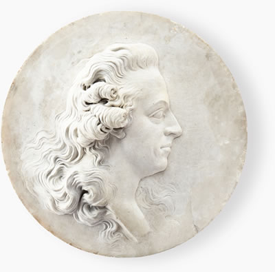 Johan Tobias Sergel : Portrait medallion in marble representing King Gustav III in profile. Carraramarmor