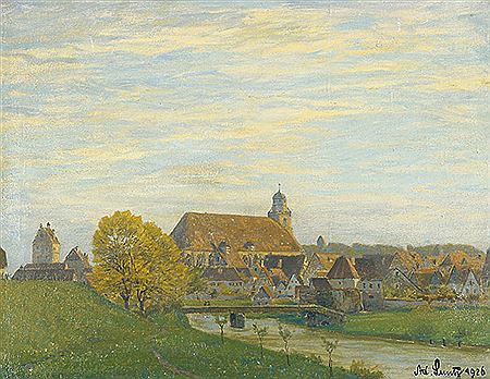 Adolf Luntz : Blick auf das Münster St. Georg in Dinkelsbühl. Herbstliche Landschaft.